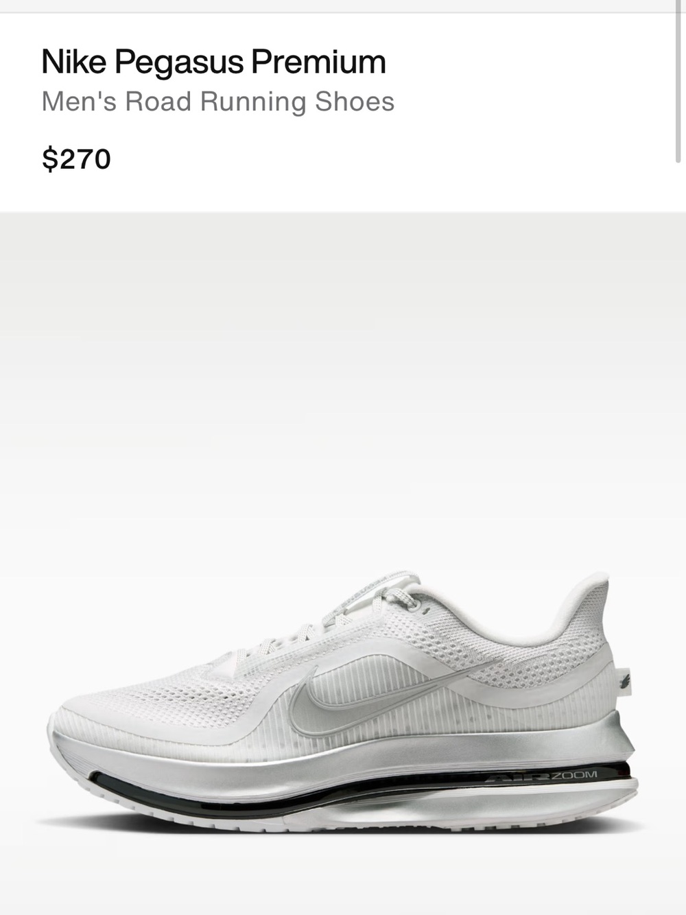 Nike Pegasus Premium Men's Running Shoes — White with Black Accent